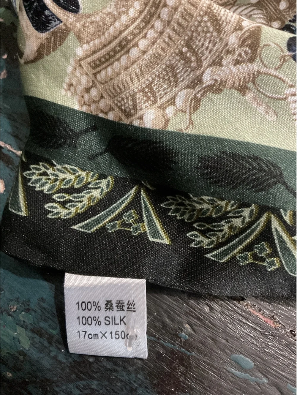 Elegant Silk Green and Beige/Gold Patterned Scarf with Intricate Border Design